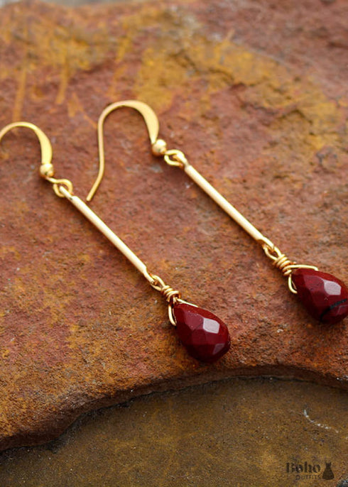 Boho Earrings, Dangle Earrings, Gold Red Jaspers